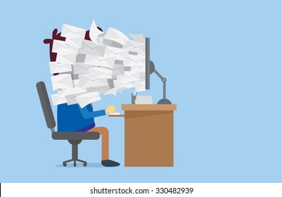 Many E-mail out of computer screen to worker face which he needed to read. This Illustration about unfinished job, order, online sale or other