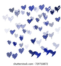 Many Embroidered Blue and Black Hearts of Different Opacity and Size on White Background