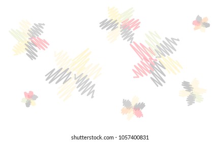 Many Embroidered Blue, Grey, Yellow and Pink Flowers of Different Size on White Background
