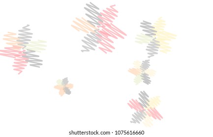 Many Embroidered Blue, Grey, Yellow and Pink Flowers of Different Size on White Background