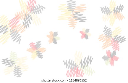 Many Embroidered Blue, Grey, Yellow and Pink Flowers of Different Size on White Background