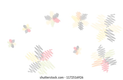 Many Embroidered Blue, Grey, Yellow and Pink Flowers of Different Size on White Background