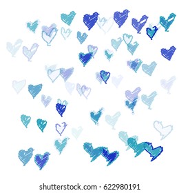 Many Embroidered Blue Hearts of Different Size and Opacity on White Background