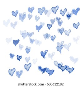 Many Embroidered Blue Hearts of Different Size and Opacity on White Background