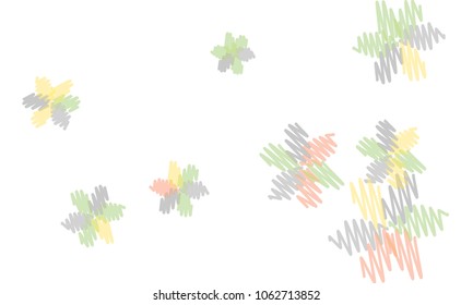 Many Embroidered Blue, Pink, Yellow and Green Flowers of Different Size on White Background