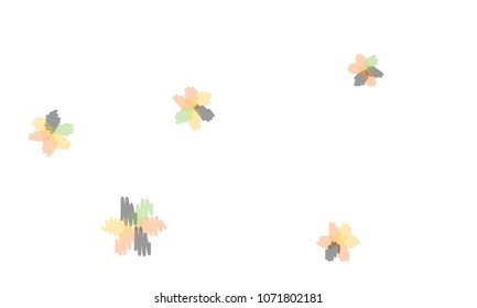 Many Embroidered Blue, Pink, Yellow and Blue Flowers of Different Size on White Background