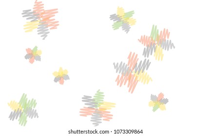 Many Embroidered Blue, Pink, Yellow and Green Flowers of Different Size on White Background