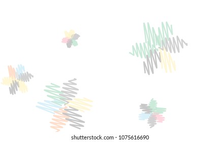 Many Embroidered Blue, Pink, Yellow and Violet Flowers of Different Size on White Background