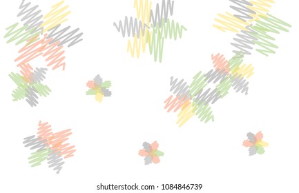 Many Embroidered Blue, Pink, Yellow and Green Flowers of Different Size on White Background