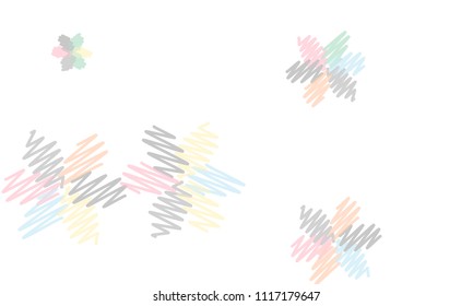 Many Embroidered Blue, Pink, Yellow and Violet Flowers of Different Size on White Background