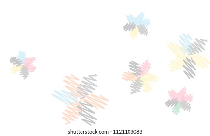Many Embroidered Blue, Pink, Yellow and Violet Flowers of Different Size on White Background