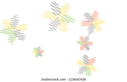Many Embroidered Blue, Pink, Yellow and Green Flowers of Different Size on White Background