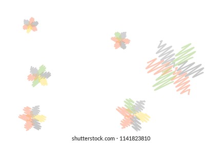 Many Embroidered Blue, Pink, Yellow and Green Flowers of Different Size on White Background