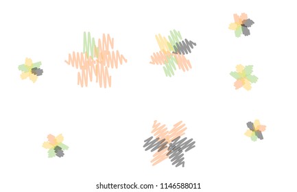 Many Embroidered Blue, Pink, Yellow and Blue Flowers of Different Size on White Background
