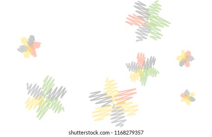 Many Embroidered Blue, Pink, Yellow and Green Flowers of Different Size on White Background