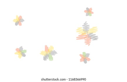 Many Embroidered Blue, Pink, Yellow and Green Flowers of Different Size on White Background