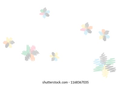 Many Embroidered Blue, Pink, Yellow and Violet Flowers of Different Size on White Background