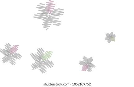 Many Embroidered Green, Blue and Violet Flowers of Different Size on White Background