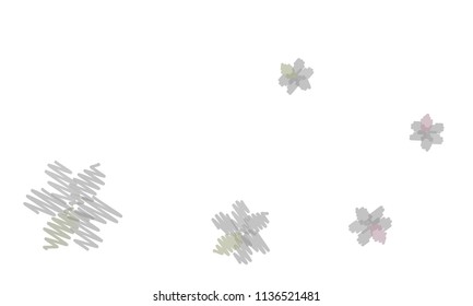 Many Embroidered Green, Blue and Violet Flowers of Different Size on White Background