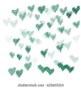 Many Embroidered Green Hearts of Various Size and Opacity on White Background
