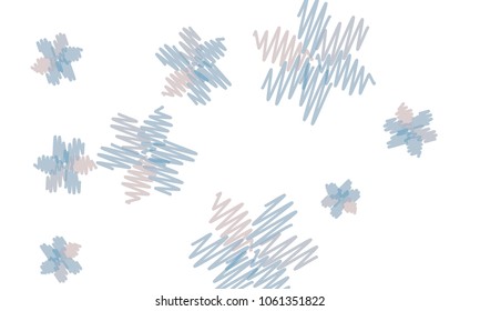 Many Embroidered Violet and Blue Flowers of Different Size on White Background