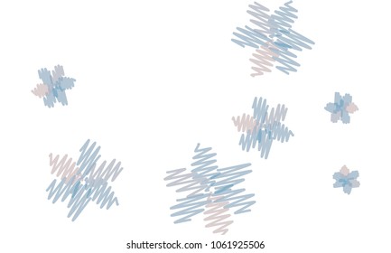 Many Embroidered Violet and Blue Flowers of Different Size on White Background