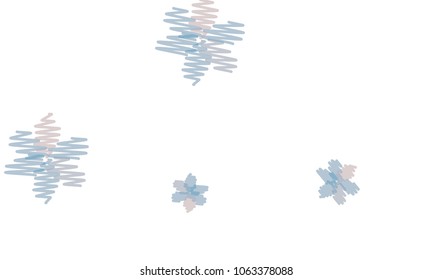 Many Embroidered Violet and Blue Flowers of Different Size on White Background