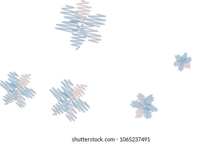Many Embroidered Violet and Blue Flowers of Different Size on White Background