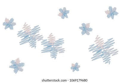 Many Embroidered Violet and Blue Flowers of Different Size on White Background