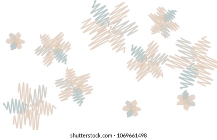Many Embroidered Violet and Blue Flowers of Different Size on White Background