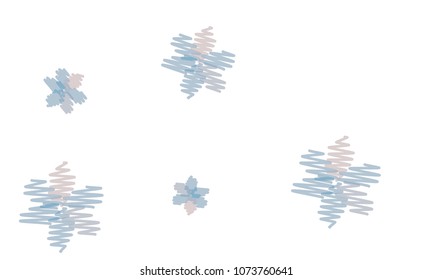 Many Embroidered Violet and Blue Flowers of Different Size on White Background
