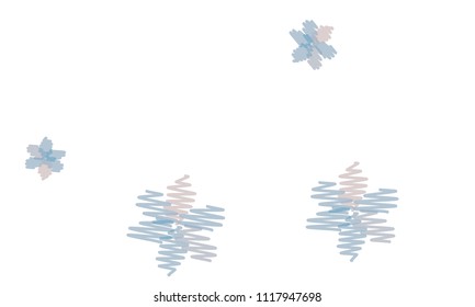 Many Embroidered Violet and Blue Flowers of Different Size on White Background