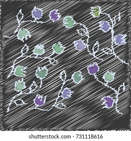 Many Embroidered Violet and Green Flowers with White Leaves and Stem on Dark Background