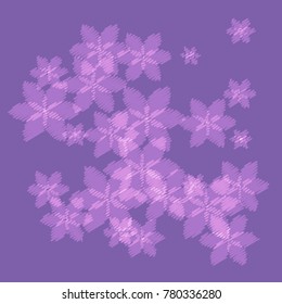 Many Embroidered Violet Stars of Different Size on Blue Background