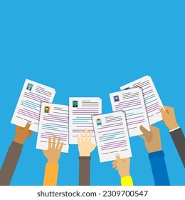 Many employee hand holding and raise resume document application submit for applying job, student finding job after graduated or company job vacancy concept, vector flat style editable object