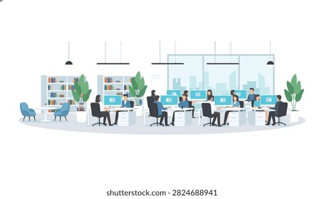 Many employees sitting at rows of computer workstations in a spacious corporate office with large windows and bookshelves along the wall.