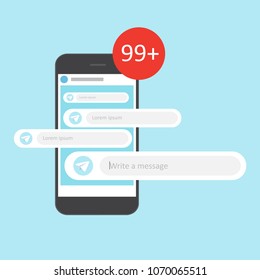 Many envelopes messages from smartphone screen in hand. Email marketing concept.