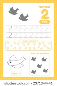 Many exercises for toddlers. Educational a4 worksheets for preschool kids.  Learning number 2. Trace, color, count on one page
