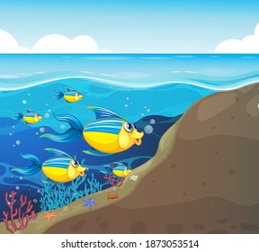 Many exotic fishes cartoon character in the underwater background illustration
