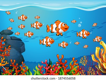 Many exotic fishes cartoon character in the underwater background illustration