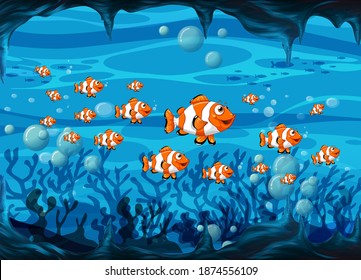 Many exotic fishes cartoon character in the underwater background illustration