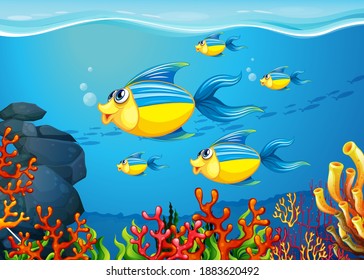 Many exotic fishes cartoon character in the underwater background illustration