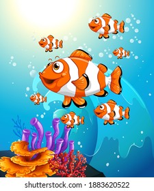 Many exotic fishes cartoon character in the underwater scene with corals illustration