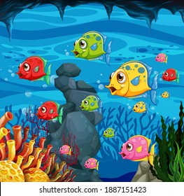 Many exotic fishes cartoon character in the underwater scene with corals illustration