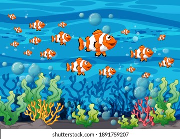 Many exotic fishes cartoon character in the underwater background illustration