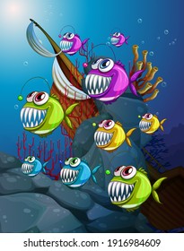 Many exotic fishes cartoon character in the underwater scene with corals illustration