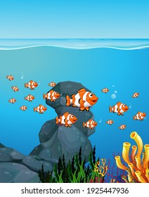 Many exotic fishes cartoon character in the underwater background illustration