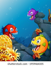 Many exotic fishes cartoon character in the underwater background illustration