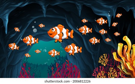 Many exotic fishes cartoon character in the underwater background illustration