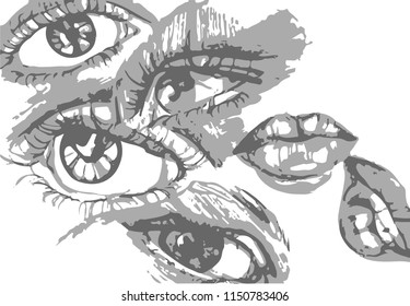 Many eyes and lips, vector illustration.